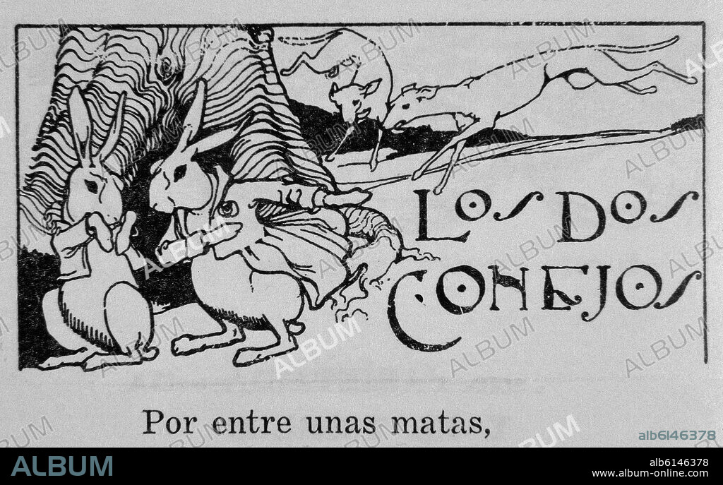 PEDRO MUGURUZA. LOS DOS CONEJOS - DIBUJO PARA LA FABULA DE IRIARTE - 1915.