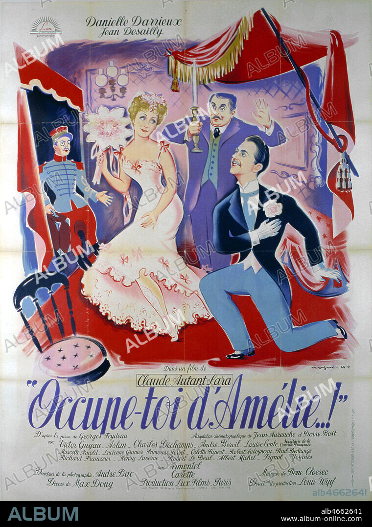 Affiche du film 'Occupe toi d'Amelie', realise par Claude AUTANT-LARA d'apres la piece de Georges FEYDEAU (1862-1921), avec Danielle Darrieux, Jean Desailly, Julien Carette et Gregoire Aslan, 1949. Illustration par ROJAC. Credit : Coll. Perrin/KHARBINE-TAPABOR.