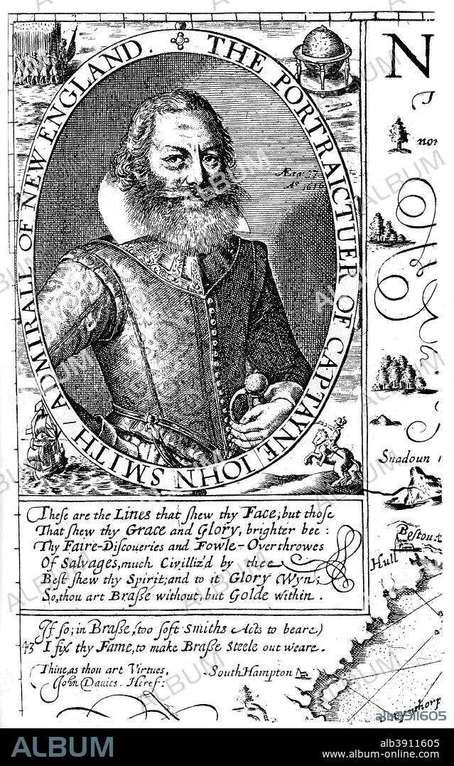 Captain John Smith, Virginia colonist, 1624, (1893). Smith (1580-1631) established the first permanent English colony in North America, at Jamestown, Virginia, in 1607. From the map of New England in his Generall Historie of Verginia, 1624. An illustration from A Short History of the English People, by J R Green, illustrated edition, Volume III, Macmillan and Co, London, New York, 1893.