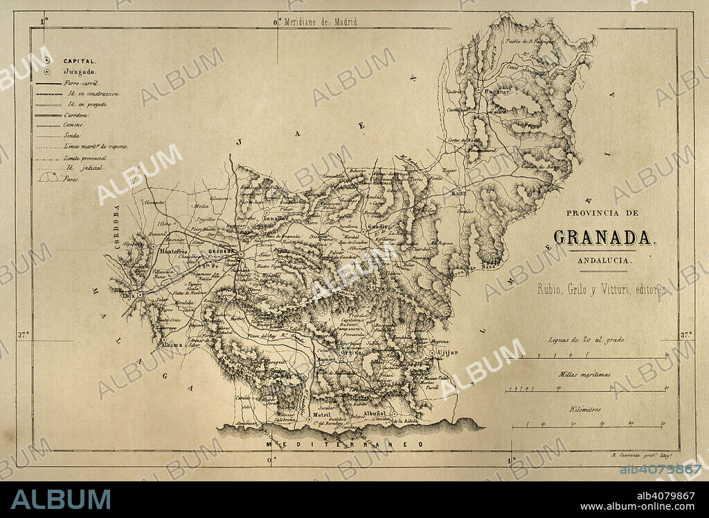 Mapa de la provincia de Granada, Andalucía, España. Crónica General de España, Historia Ilustrada y Descriptiva de sus Provincias. Andalucía, 1869.