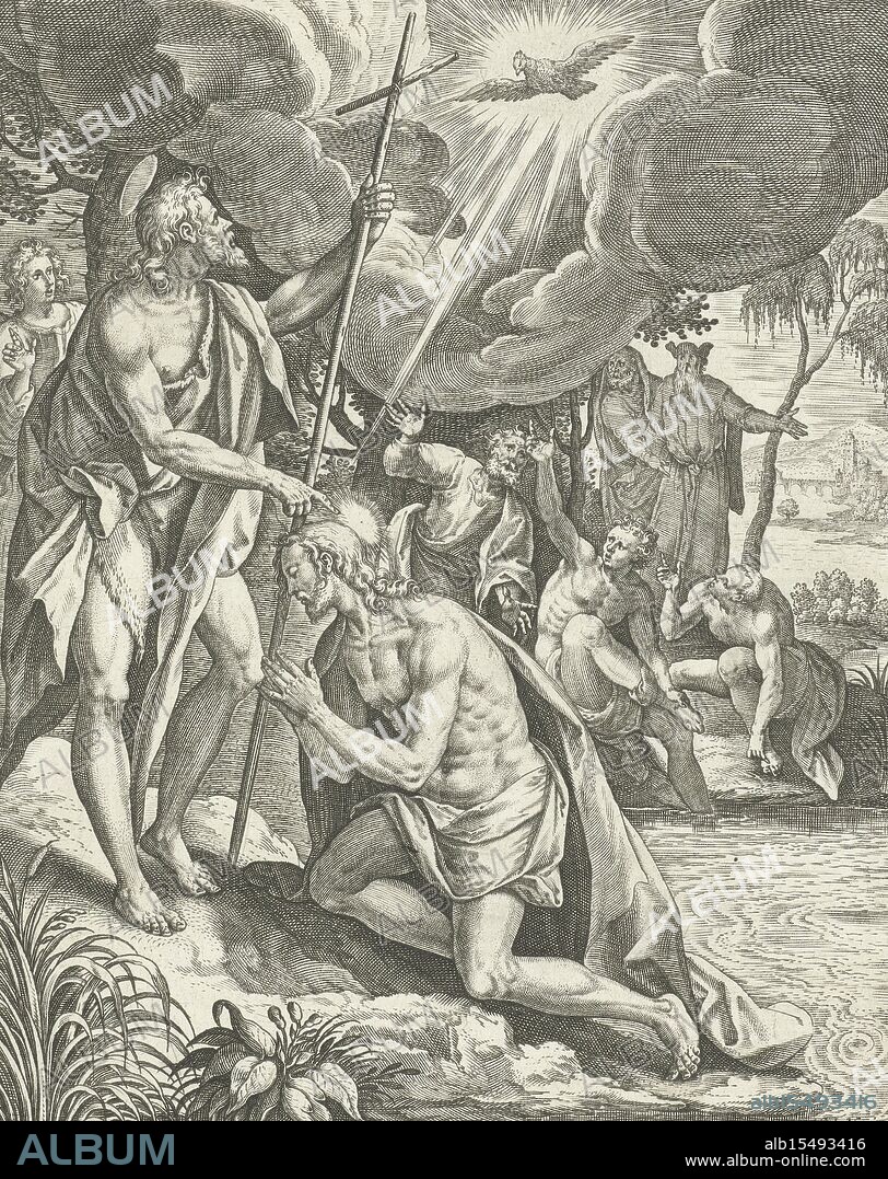 Antwerp, Sadeler, Raphael (I), Johann (I), Vos, Maerten de, Collaert, Adriaen, Vita I. Christi, Life of Christ, Baptism of Christ, verso center bottom - stamped, Christ is baptized by John the Baptist in the Jordan (Matthew 3:13-17). Above Christ's head the dove of the Holy Spirit. The print has a Latin caption. The print is part of a series on the life of Christ., print, prints, verso bottom center - stamped, height 196 mm, width 143 mm, Southern Netherlands (before 1775), 1560 - 1618-06-29, print maker, printmaker, 1583 - 1588, paper, engraving, engraving (printing process), Work conception, Southern Netherlands, 1532 - 1603-12-04, after a design by, Publication (Event), Publication, 1550 - 1600-08, publisher, 1560.