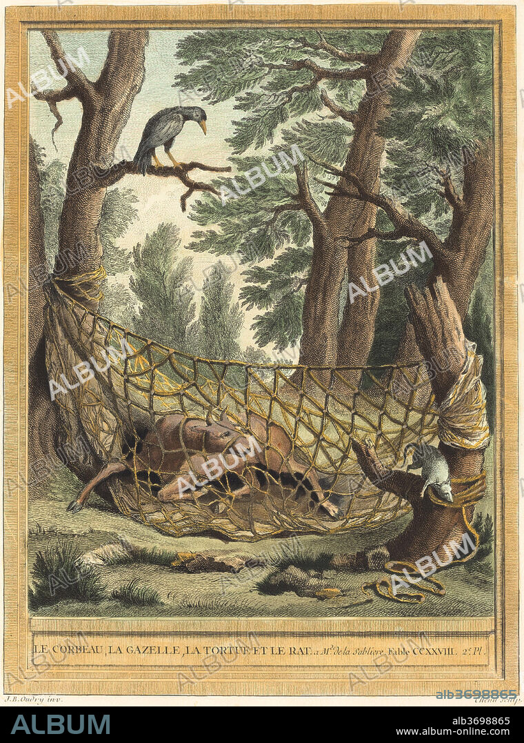 PIERRE CHENU AFTER JEAN-BAPTISTE OUDRY. Le corbeau, la gazelle, la tortue et le rat (The Crow, the Gazelle, the Tortoise, andthe Rat). Dated: published 1759. Medium: hand-colored etching.