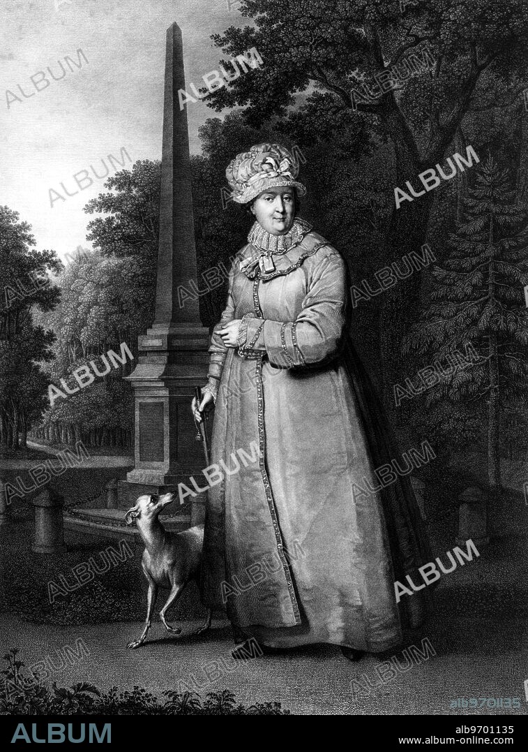 Painting by Vladimir Borovikovsky. Portrait of Catherine the Great, in old age, in the Garden of Tsarskoye Selo (1794). with her dog. ©TopFoto.