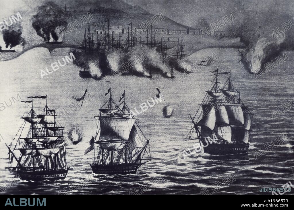 The fleet of Lord Thomas Cochrane in Callao, 1820 attacking a Spanish station. Peruvian War of Independence, 19th century.