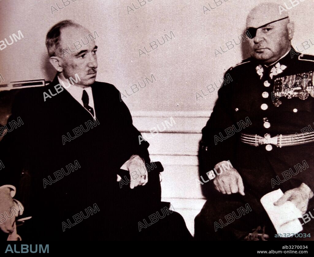 Photographic print of Edvard Benes (1884-1948) a Czech politician who served as the President of Czechoslovakia, and Jan Syrovy (1888-1970) a Czechoslovak Army four star general and the prime minister during the Munich Crisis. Dated 20th Century.