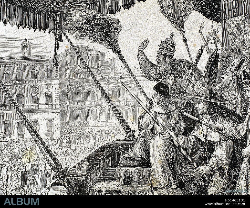 Leo X (1475-1521). Florentine Pope (1513-21), named Giovanni de 'Medici. Son of Lorenzo de 'Medici, the Magnificent. Pope Leo X promulgates a Papal bull. Papal States. Engraving of "The Religious Revolution" (1880).