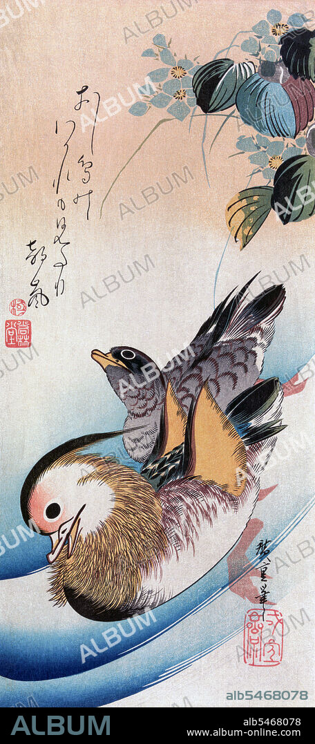 Mandarin Ducks' by Japanese woodblock artist Hiroshige Utagawa, accompanied by a poem which reads: 'Out in a morning wind, Have seen a pair of mandarin ducks parting. Even the best loving couple makes a quarrel'. Hiroshige was a member of the Utagawa school, which was founded by Utagawa Toyoharu, whose primary innovation was his adaptation of linear perspective to Japanese subject matter. His pupil, Toyokuni I, took over after Toyoharu's death and raised the group to become the most famous and powerful woodblock print school for the remainder of the 19th century, so much so that today more than half of all surviving ukiyo-e prints are from it. In addition to Hiroshige, Kunisada, Kuniyoshi and Yoshitoshi were Utagawa students.