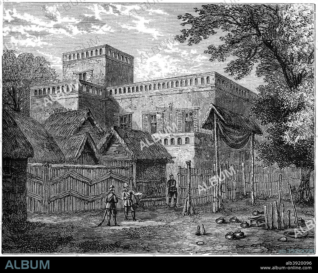 'King Koffee's Palace, Coomassie, Ashanti War, Africa', 1900. During the 'Ashanti Campaign', the local Ashanti people offered substantial resistance to British imperial ambitions in Africa. Britain finally succeeded in suppressing the Ashanti in 1900. The royal palace, seat of the Ashanti king at Kumasi in what is now Ghana, was destroyed by British troops in the Fourth Anglo-Ashanti War of 1874. A print from The Life and Times of Queen Victoria, by Robert Wilson, Volume IV, (Cassell and Company, London, Paris, New York, Melbourne, 1900).