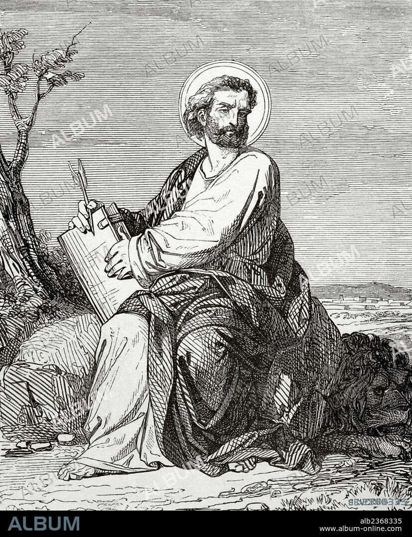 SAN MARCOS EVANGELISTA. Siglo I. Autor del Evangelio de Marcos y fundador y primer obispo de la Iglesia de Alejandría. Grabado por Severini. "Año Cristiano", 1881.