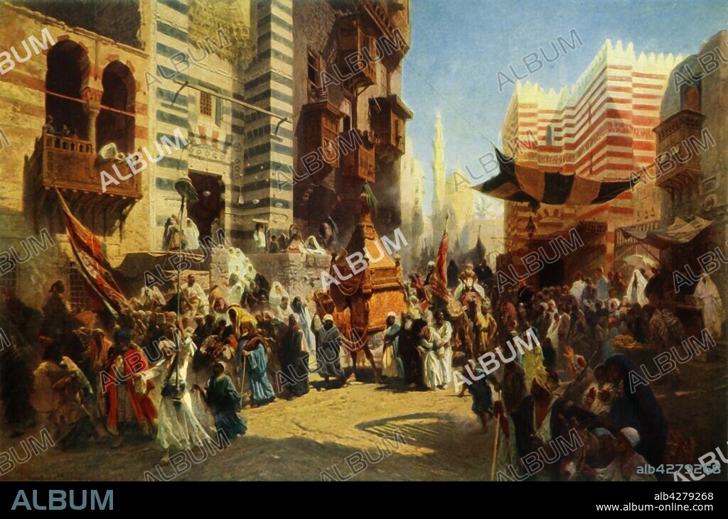 KONSTANTIN MAKOVSKY. 'Return of the Holy Carpet from Mekka to Cairo', 1876, (1965). Egyptian street scene showing a religious procession. The mahmal was a highly decorated covering mat or carpet for the Kaaba at Mecca in Saudi Arabia. A new one was made in Cairo each year. Painting, also known as 'The handing over of the Sacred Carpet in Cairo', in the State Tretyakov Gallery, Moscow. From "Russian Painting of the 18th and 19th Centuries" by Vladimir Fiala. [Artia, Czechoslovakia, 1965].