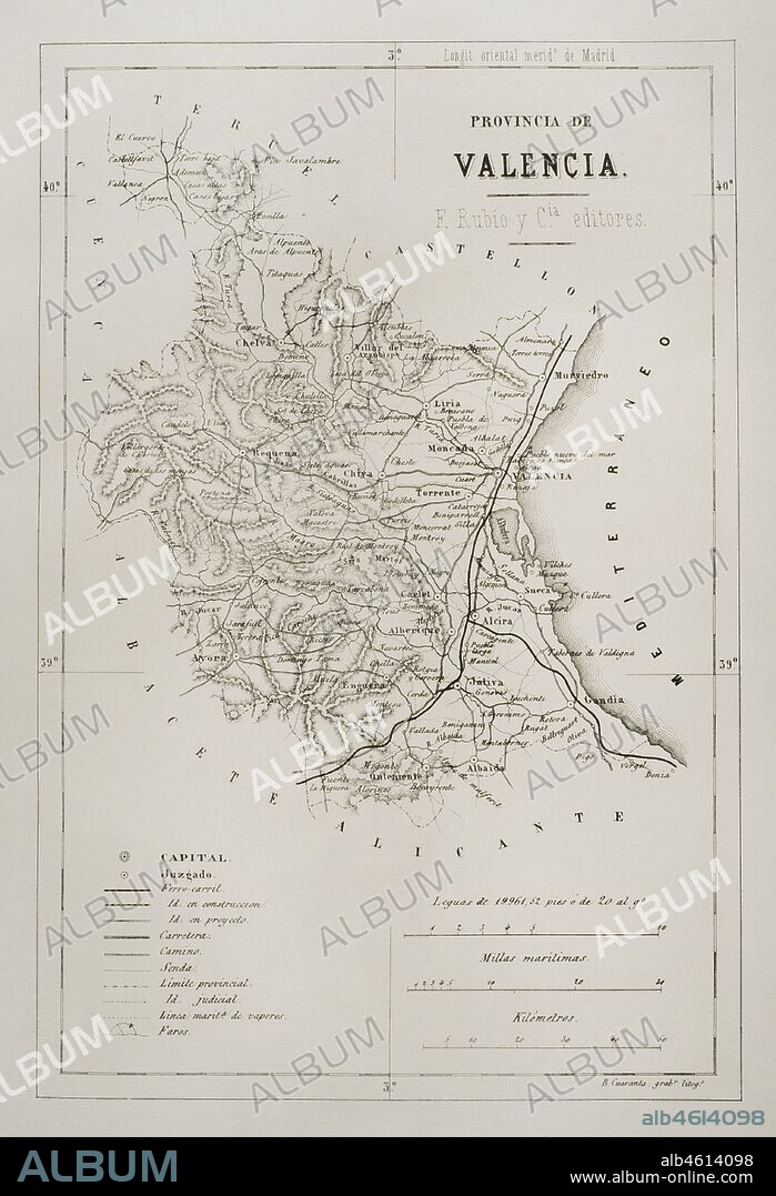 Spain. Map of the province of Valencia, 19th century. Cronica General de Espa–a. Historia Ilustrada y Descriptiva de sus Provincias. Valencia, 1867.