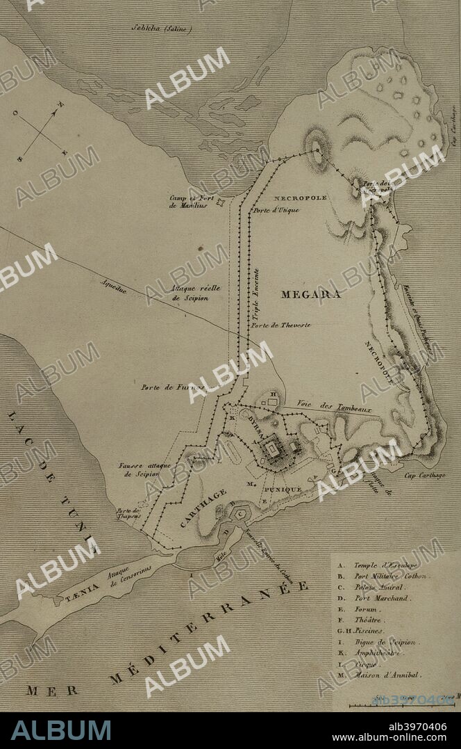 Plano de Cartago y de la Península. Grabado. Panorama Universal. Historia de Cartago, 1850. Biblioteca Histórico Militar de Barcelona. Cataluña. España.