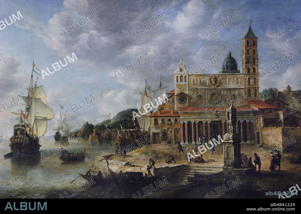 Jan Abrahamsz (or Joannes) Beerstraten (1622-1666). Dutch painter. Imaginary view of a port with the facade of Santa Maria Maggiore in Rome, also known The Old Port of Genes, 1662. Louvre Museum. Paris. France.