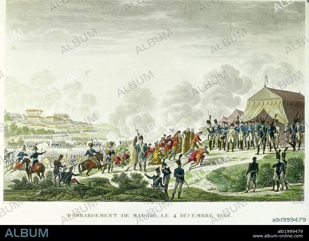 'The Bombardment of Madrid by French Troops', 1808, Coloured etching.