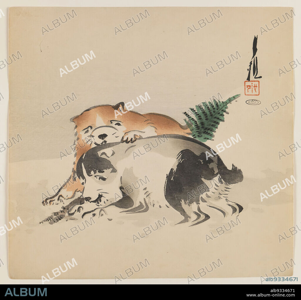Puppies, Ogata Gekko, Japanese, 1859-1920, Color woodblock print on paper, Japan, ca. 1890-1910, Meiji Period, 9 3/8 x 9 7/8 in., 23.8 x 25.1 cm, Animals, Canines, cute, dogs, Gekko, Inu, play, Print, puppies, Woodblock.