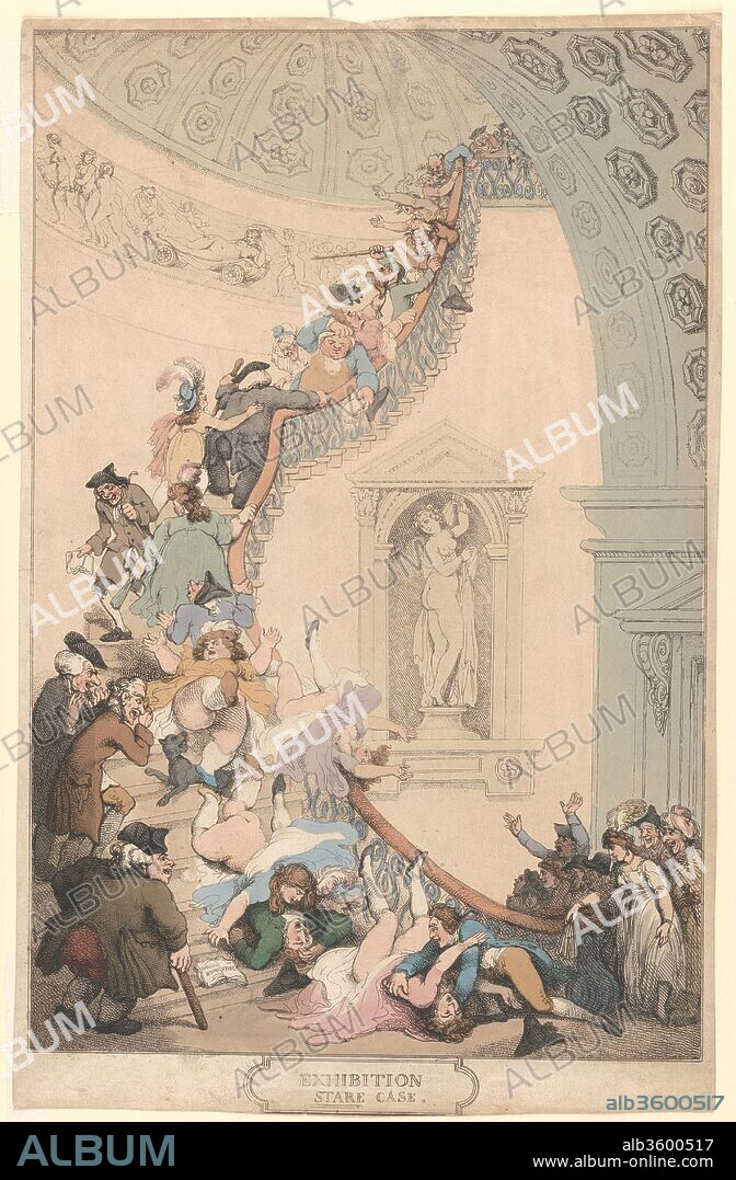 Exhibition "Stare" Case. Artist: Thomas Rowlandson (British, London 1757-1827 London). Dimensions: sheet: 18 3/4 x 13 1/16 in. (47.6 x 33.2 cm). Date: 1811 (?).
One of Rowlandson's most ebullient designs, this etching simultaneously mocks the exhibition-going public and the London art establishment. Visitors eager to view the annual spring exhibition of the Royal Academy struggle to negotiate a steep spiral staircase at Somerset House on the Strand. Beginning in 1780, these displays were held in the Great Room of Sir William Chambers's grand Neoclassical building, but to reach the galleries, visitors had to climb three long, narrow flights - a challenging approach that Chambers hoped would suggest an ascent to Parnassus. Focusing on the practical difficulties the stairs presented for two-way foot traffic, Rowlandson imagines the cascade produced when a hefty lady trips on a dog, then knocks over her fellow climbers like ninepins, Most of the bodies upended are female, and since women at this date wore no lower undergarments, the general confusion grants nearby males a glimpse of female nudity before they even reach the art. By including the well-known sculptor SIr Joseph Nollekens (at the left, holding up a glass to inspect a fallen beauty), Rowlandson suggests the power of living flesh to trump artistic simulacrums. Even the Callipygian Venus, the classical statue in the niche, whose gaze should be fixed on her own beautiful posterior, has raised her eyes to smile at the human comedy flowing through the idealized setting.