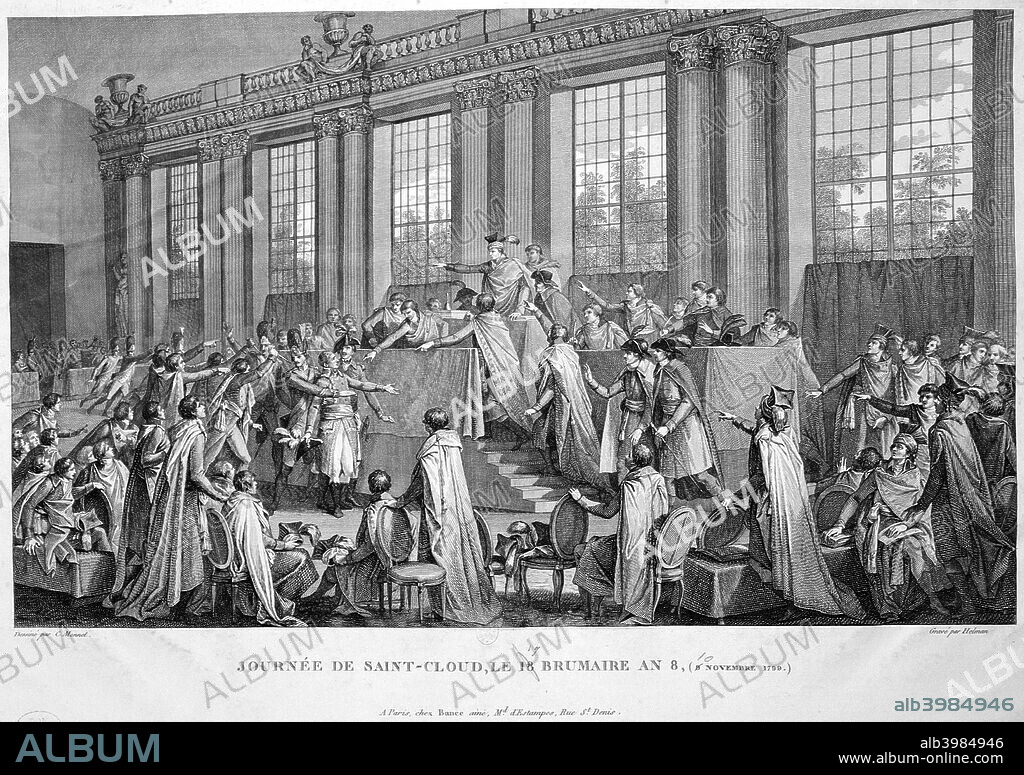 'The coup d'état of the 18th Brumaire (9th November), 1799', 19th century. General Napoleon Bonaparte overthrew the Directory government, replacing it with the Consulate on 9 November 1799, which was 18 Brumaire, Year VIII under the French Republican Calendar.