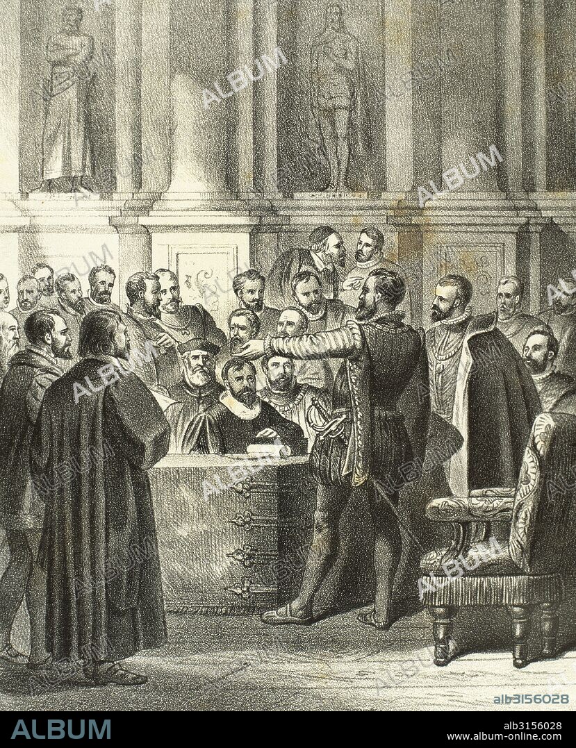 "DIETA DE WORMS" (1521). Asamblea de los príncipes del Sacro Imperio Romano Germánico celebrada en Worms (Alemania). Fue presidida por el emperador CARLOS V, quien convocó dicha Dieta imperial para intentar solucionar por vía pacífica la cuestión de la Reforma. La negativa de Lutero a retractarse obligó a la Dieta a condenarle con el "EDICTO DE WORMS", por el que se ordenaba el exilio de Lutero y de sus seguidores del territorio imperial, y la quema de todos sus libros. Grabado. "Historia de España ilustrada", por Rafael del Castillo, año 1871.