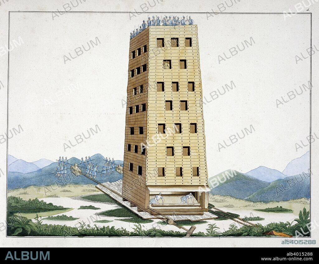 Moveable siege tower, designed after Caesar's tower at Namur, 1842. Julius Caesar used siege weapons to capture Namur from the Aduatuci in 57 BC. Plate from A History of the Development and Customs of Chivalry, by Dr Franz Kottenkamp.