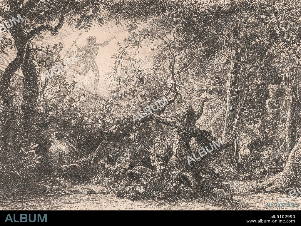 The Vine, Print made by Samuel Palmer, 18051881, British, active in Italy (183739), 1852, Etching and drypoint on thick, smooth, cream wove paper, Sheet: 4 3/4 x 6 5/16 inches (12 x 16 cm), Plate: 4 3/4 x 6 5/16 inches (12 x 16 cm), and Image: 3 1/2 x 5 inches (8.9 x 12.7 cm), basket, cape, cloak, figures, foliage, food, grapes, landscape, leaves, light, monarch, religious and mythological subject, specific aspects, allegorical aspects of Bacchus; Bacchus as a patron, trees, vat, vine, wine.