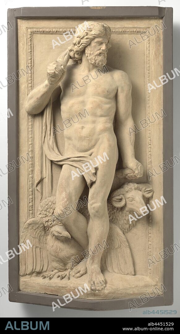 Jupiter, The god stands on the left leg and with the right bent on a protruding floor, in front of a flat background with an egg frame. The upper body is turned slightly to the left, the bearded head in the opposite direction. He holds the right hand at shoulder height, the left down, in both he has a bundle of lightning bolts. A cloth hangs from the right arm, covering the shame. Under the bent knee sits the eagle with spread wings, behind the god is a ram directed to the right., Artus Quellinus (I) (workshop of), Amsterdam, c. 1650 - c. 1665, terracotta (clay material), h 89 cm × w 47.5 cm × w 78 kg.