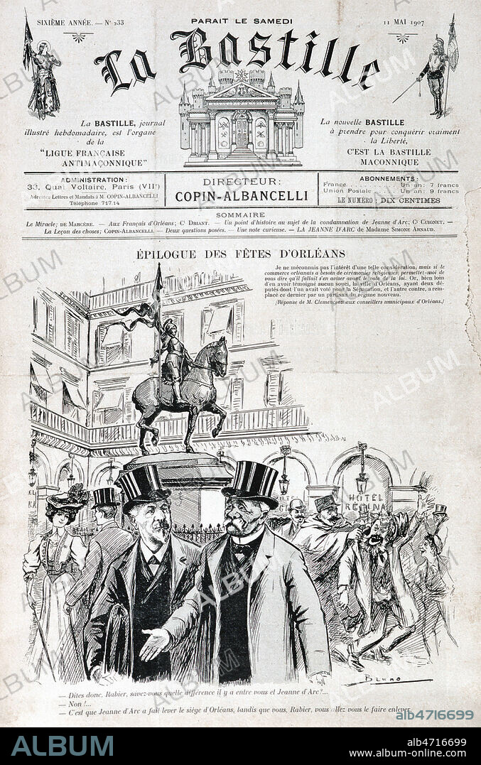 Epilogue des fetes d'Orleans. Georges CLEMENCEAU (1841-1929) et le depute du Loiret Fernand RABIER ( 1855 - 1933 ). Illustration de Serge BRUNO (19-20 s.) pour La Bastille anti-maconnique de 1904. Archives du Grand Orient de France. Credit : Collection Grob/KHARBINE-TAPABOR.