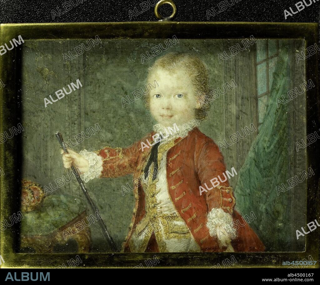 William V (1748-1806), Prince of Orange-Nassau, as a child, Portrait of William V (1748-1806), as a child. Half-length, standing in an interior, a stick in the right hand. Part of the collection of portrait miniatures, Willem V (Prince of Orange-Nassau), Robert Mussard, 1751, parchment (animal material), metal, glass, h 5.6 cm × w 7.5 cm h 6.5 cm × w 7.7 cm × d 0.3 cm.
