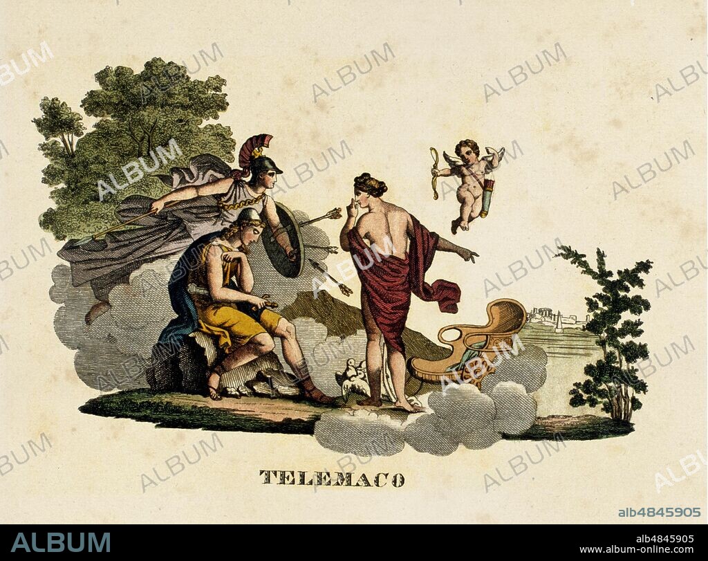 ODYSSEA On the island of the goddess Calypso Telemachus, son of Ulysses, is attacked by the arrows of Cupid who do not arrive to sign for the intervention of the goddess Minerva. Cupid had the task of making Telemachus of Calypso fall in love, according to the will of Venus. Press, Italy, sd.