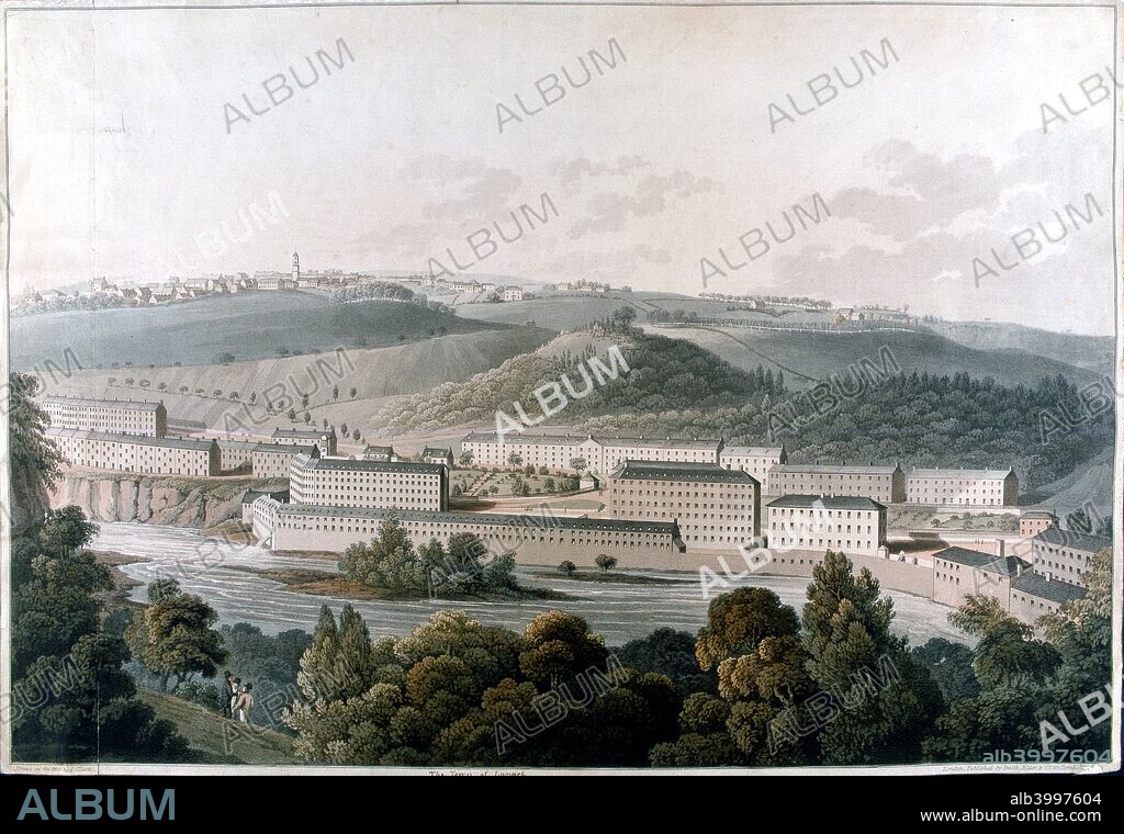 New Lanark Mills, Scotland, c1815. Robert Owen's (1771-1858) model community of cotton mills and housing. Educational facilities were provided, as well as the world's first day nursery, evening classes and shops (beginning of the Co-operative movement).