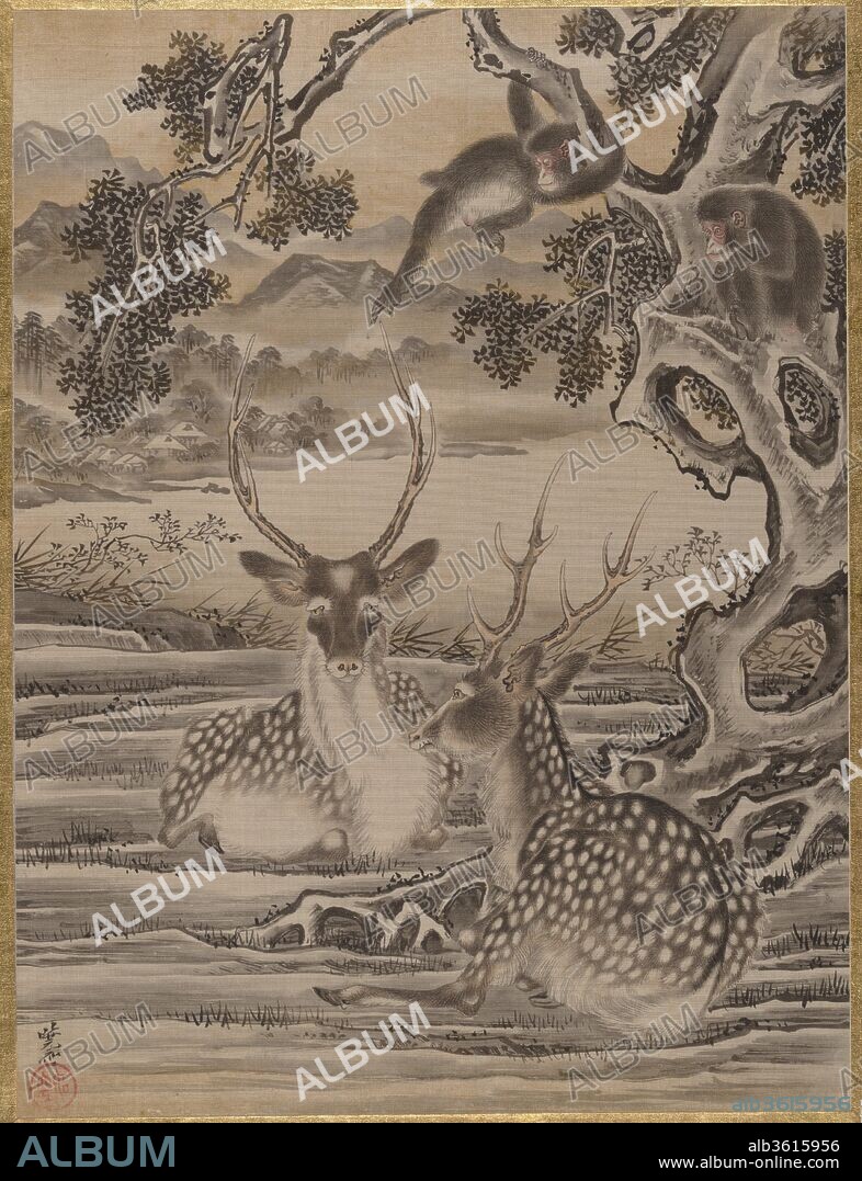 Deer and Monkeys. Artist: Kawanabe Kyosai (Japanese, 1831-1889). Culture: Japan. Dimensions: 14 1/4 x 10 1/2 in. (36.2 x 26.7 cm). Date: ca. 1887.