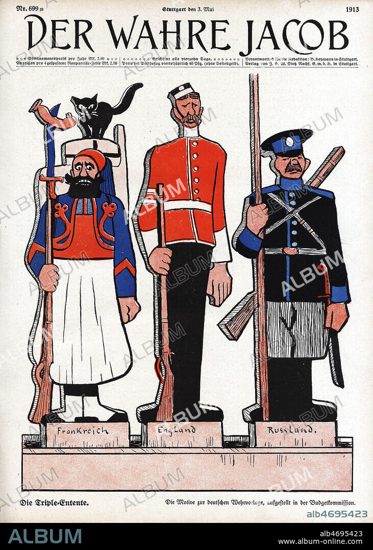 La Triple-Entente. (Soldats francais anglais et russe). Caricature de pour la revue satirique allemande Der Wahre Jacob (journal satirique social democrate allemand) du 3 mai 1913. Credit : Coll. Dixmier/KHARBINE-TAPABOR.