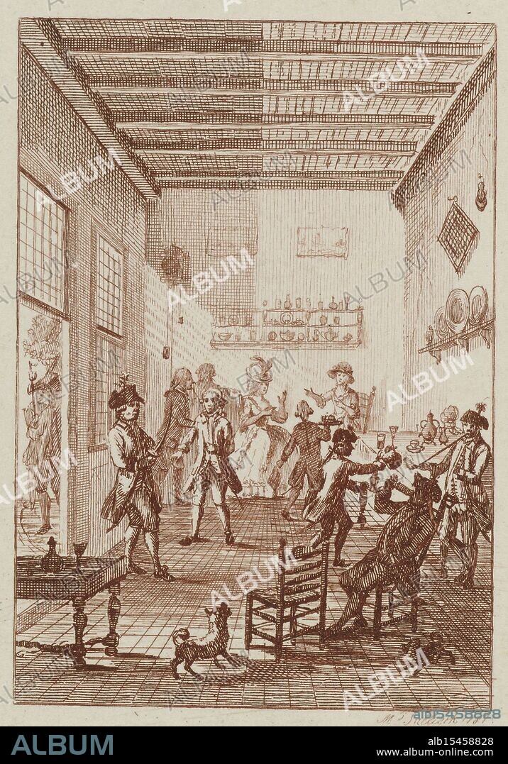 Fargue, Karel la, Northern Netherlands, Sallieth, Mathias de, Princess of Orange arrested at Goejanverwellesluis, 1787, verso - stamped, Princess Wilhelmina of Prussia detained in the house at Goejanverwellesluis and guarded by smoking and drinking soldiers, June 28, 1787. In front of the door a soldier of a free corps keeps watch with a naked saber., print, prints, Frederik Muller Historieplaten, height 108 mm, width 81 mm, Czech, 1749 - 1791-11-29, print maker, printmaker, 1787 - 1787, paper, papier, etching, etchings, kleurdruk, 1738-06-01 - 1793-09-30, intermediary draughtsman.