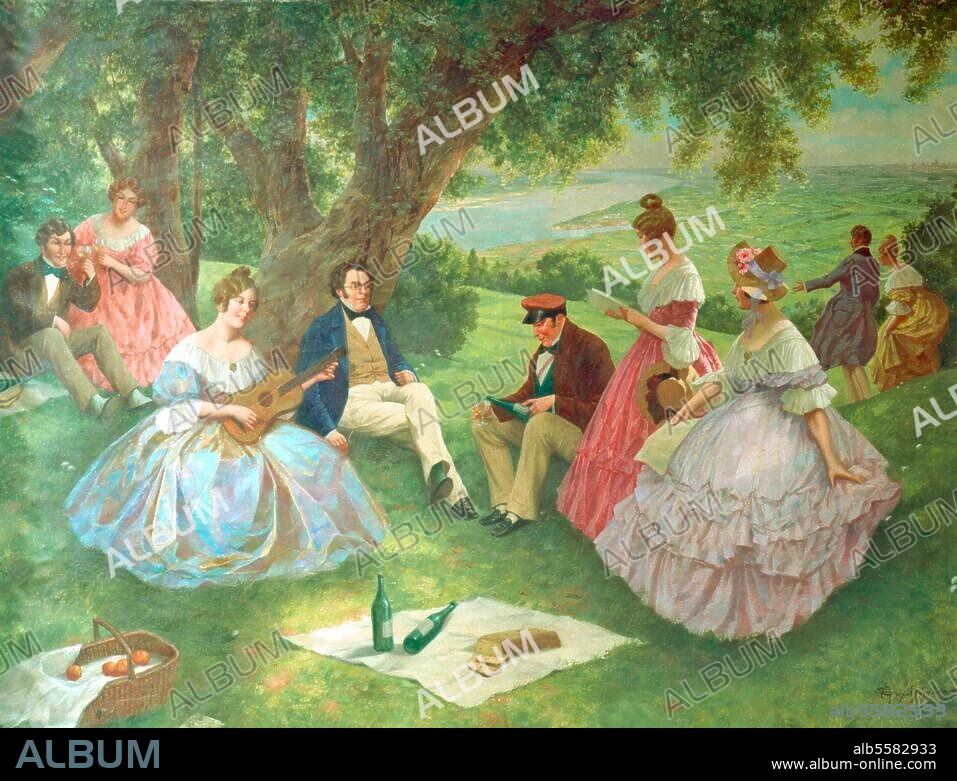 Schubert, Franz Komponist; 1797-1828. -"Schubert in musizierender Gesellschaft bei einer Landpartie auf dem Leopoldsberg mit Blick auf Donau und Wien". Gemälde, um 1920, von E.A.Hofmann. Öl auf Leinwand, 89 × 117 cm. Traugott Schneidtinger, Feldkirch.