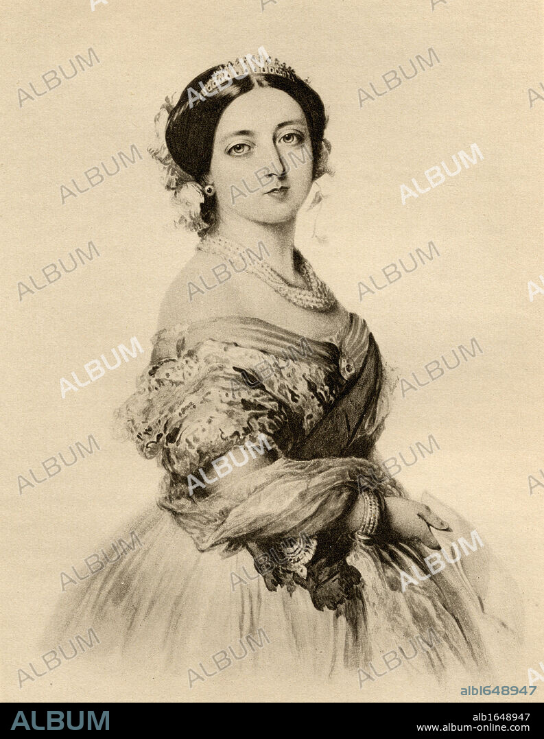 H.M. Queen Victoria in 1855. 1819-1901. Princess Alexandrina Victoria of Saxe-Coburg. From a watercolour by F. Winterhalter at Buckingham Palace.From the book 'The Letters of Queen Victoria 1854-1861 Vol III' published 1907.