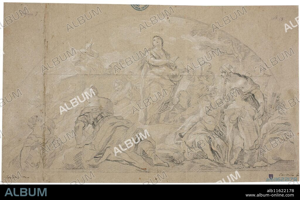 JOSÉ DEL CASTILLO. José del Castillo / 'Miriam, hermana de Moisés'. Segunda mitad del siglo XVIII. Clarión, Lápiz negro sobre papel agrisado, 282 x 465 mm.