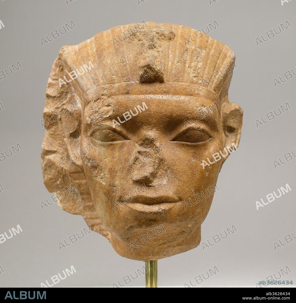 Head of a King. Dimensions: H. 18.3 cm (7 3/16 in.); W. 13.3 cm (5 1/4 in.); D. 17 cm (6 11/16 in.). Dynasty: first part of Dynasty 13. Date: ca. 1802-1749 B.C..
The recent change in the understanding of this magnificent head demonstrates how much we have learned about the Middle Kingdom in the last decades. In 1953, the former curator William C. Hayes described the piece as an image of King Amenemhat I (ca. 1981-1952 B.C.). He did put a question mark behind this king's name but declared that the "resemblance [of this head] to the extant portraits of Amenemhet (sic) I is very striking." Today, we confidently date the piece to the first half of Dynasty 13 (ca. 1800-1750 B.C.) even without the lower part that might have been inscribed with the name of the ruler -- identified as such by the nemes headcloth and uraeus cobra.
Yes, this pharaoh, like early Middle Kingdom works, shows no facial folds and furrows that indicate the pharaoh's advanced age and the burden of his office (e.g., MMA 17.9.2 and 26.7.1394). The face is smooth and exudes a confident youthfulness as did the images of rulers of the early Middle Kingdom (e.g., MMA 66.99.4). However, the quartzite head lacks the characteristic sculpted eyebrows and cosmetic lines, the thick lipped mouth and highly stylized ears of early Middle Kingdom heads. Instead we see a bony forehead, rounded brow ridges and softly lidded eyes, all hallmarks of royal images from the middle of Dynasty 12 onwards. Especially characteristic is the quartzite king's sensually undulating mouth that is strikingly similar to many images of Amenemhat III (ca. 1859-1813 B.C.).
While these observations make it impossible to date the quartzite head earlier than Amenemhat III, its youthful expression and stylized ears rule also out an identification as Amenemhat III himself or even one of his immediate successors at the end of Dynasty 12. From the beginning of Dynasty 13, on the other hand, the kingship of Egypt underwent a not yet quite understood transformation. Most Dynasty 13 pharaohs -- especially during the first half of the period -- ruled only a few years and hereditary succession appears to have not generally been observed. It is not clear whether these rulers all died young (not a convincing generalization) or stepped aside to make place for another. What we do see in the art, is that Dynasty 13 royal images predominantly captured even more than Dynasty 12 ones a general understanding of kingship rather than the individual personality of a certain ruler. One can detect, in fact, two main lines along which the sculptors of Dynasty 13 shaped their ideal king's image. One group was clearly motivated by a strife for continuity and thus created royal images as -- often somewhat frozen -- copies of rulers' statues of Dynasty 12. The other group followed a yearning for a strong young hero to appear as leader of the country in not untroubled times. Using all the subtleties of sculptural modulation that had been developed during later Dynasty 12 the sculptors expressed strength in a work's prominent facial bone structure and graceful divinity in a smiling mouth and sensitively introverted eyes. The present piece is clearly of the latter kind.