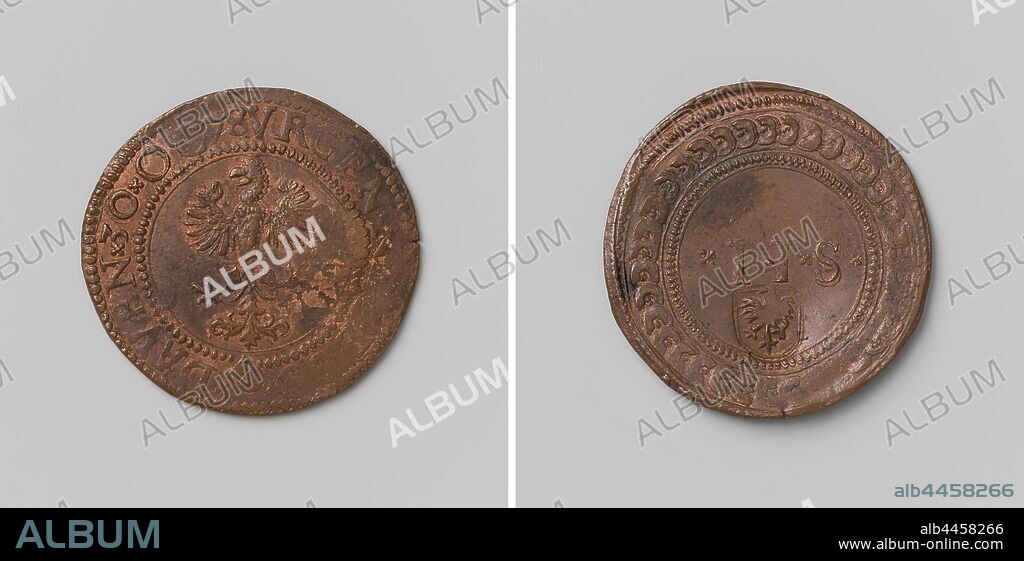 Siege of Deventer, emergency coin of two pennies, Obverse: crowned eagle within a circle. Reverse: Roman numeral II and letter S inside wreath, knock: city coat of arms, Deventer, Balthasar Wijntgens, 30-Oct-1578, copper (metal), striking (metalworking), d 2.8 cm × w 4.38 gr.