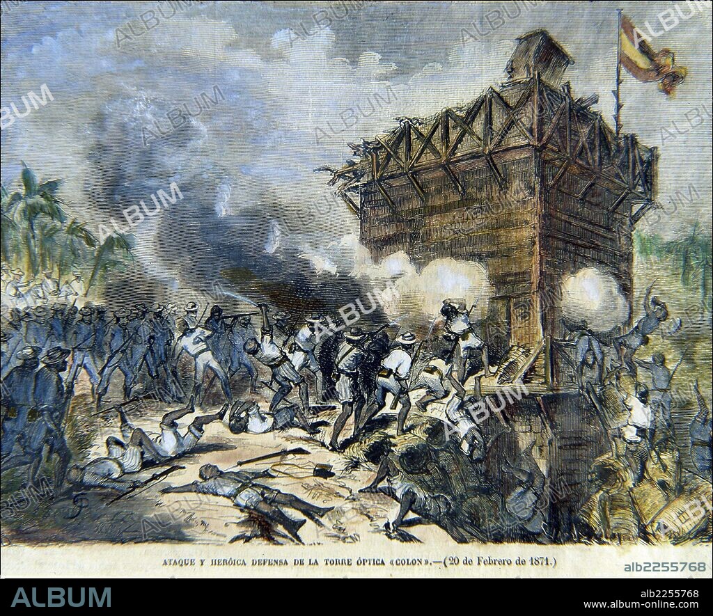 ALFONSO XIII REY DE ESPAÑA. MADRID 1886-1941 GUERRA DE CUBA , 1895 - 1898. " ATAQUE Y DEFENSA DE LA TORRE OPTICA COLON , 20 DE FEBRERO DE 1874 ". GRABADO DE LA ILUSTRACION ESPAÑOLA Y AMERICANA.
