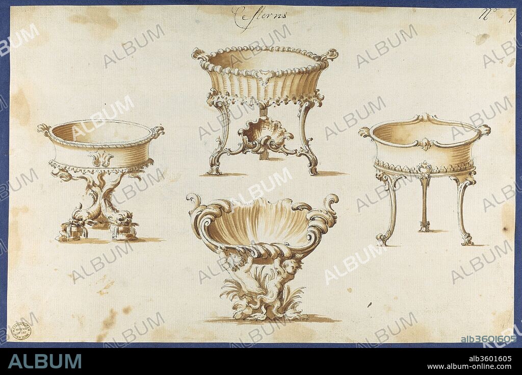 Cisterns, from Chippendale Drawings, Vol. II. Artist: Thomas Chippendale (British, baptised Otley, West Yorkshire 1718-1779 London). Dimensions: sheet: 8 3/8 x 12 5/8 in. (21.4 x 32 cm). Published in: London. Date: 1760.
Preparatory drawing for Thomas Chippendale's 'Gentleman and Cabinet Maker's Director'. Published in reverse as plate CLI in the third edition of 1762, but created as early as 1760 according to the Act of Parliament on the print itself.