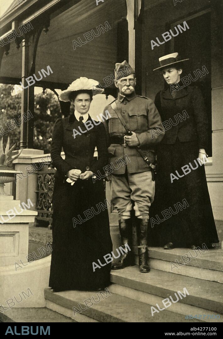 HORACE WALTER NICHOLLS. 'Lord Roberts and his Daughters at Pretoria', 1900, (1901). British soldier Frederick Sleigh Roberts (1832-1914) fought the Boers in South Africa, 1899-1900. As Earl Roberts' sons had predeceased him, the Earldom was allowed to pass down the female line and Aileen (1870-1944) became the 2nd Countess Roberts in 1914. From "The Life and Deeds of Earl Roberts, Vol. IV. - To Lord Roberts's Reign in Pall Mall", by J. Maclaren Cobban. [T. C. & E. C. Jack, Edinburgh, 1901].