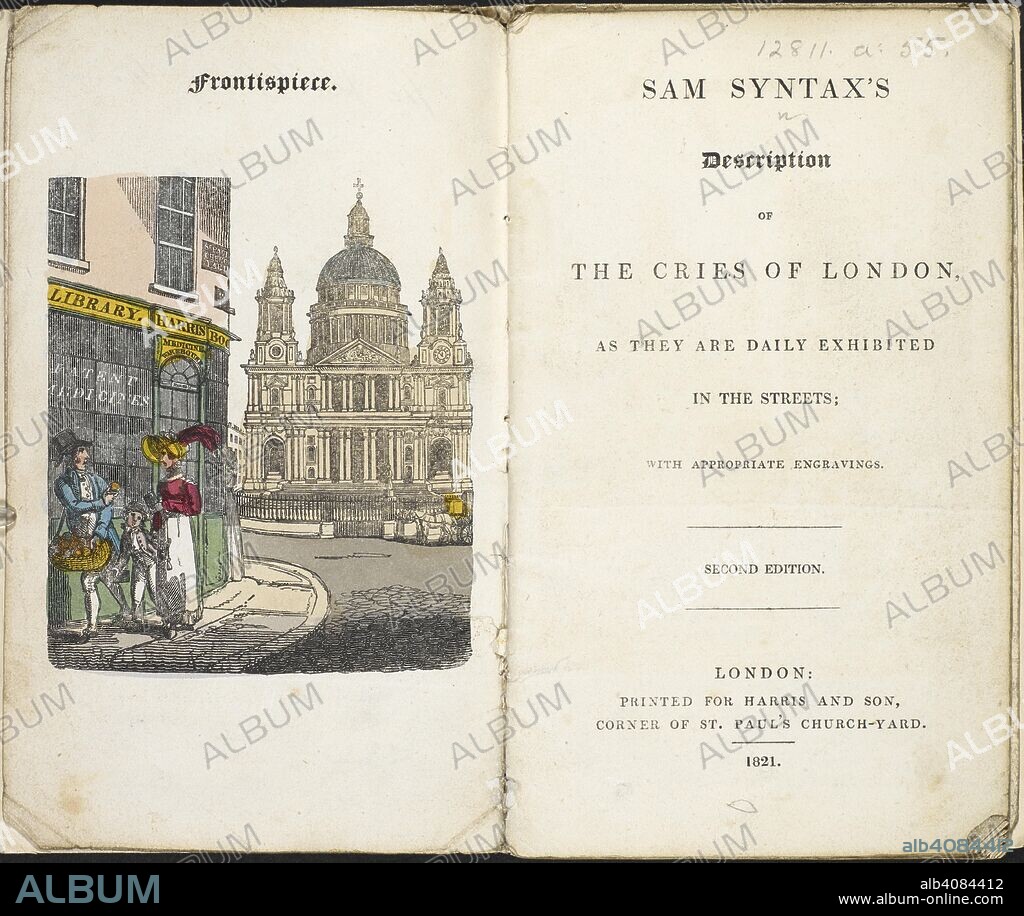 View of a library, and a church. Sam Syntax's Description of the Cries of London ... Second edition. ff. 17. Harris & Son: London, 1821. Source: 12811.a.55 Frontispiece and title page.