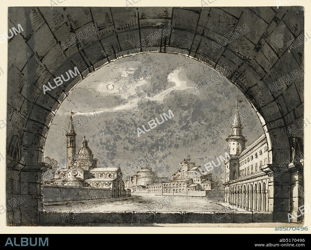 Stage Design for the Opera 'La Straniera', Romolo Achille Liverani, Italian, 1809 - 1872, Alessandro Sanquirico, Italian, 1777 - 1849, Pen and sepia ink, brush and wash on paper, Horizontal rectangle. View through arched window on groups of buildings on the edge of a canal or river., Italy, early 19th century, theater, Drawing, Drawing.