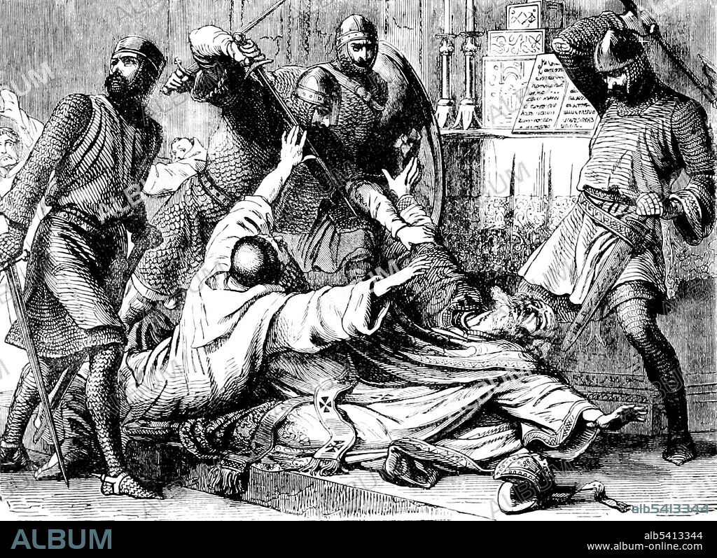 On December 29, 1170, the knights Reginald FitzUrse, Hugh de Morville, William de Tracy and Richard le Breton arrived at Canterbury. The knights informed Becket he was to go to Winchester to give an account of his actions, but Becket refused. The knights retrieved their weapons and found Becket in a spot near a door to the monastic cloister, where the monks were chanting vespers. One knight grabbed him and tried to pull him outside, but Becket grabbed onto a pillar and bowed his head to make peace with God, and the lowly knights hacked him to death. Cassell's Illustrated History of England, 1865 (cropped and cleaned).
