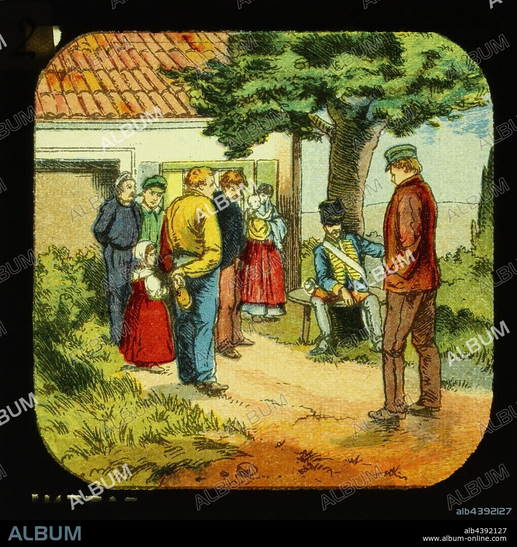 Lantern Slide - 'Bingen on the Rhine', No.2, circa 1850-1880, Number 2 in a series of 12 lantern slides depicting the poem titled 'Bingen on the Rhine' written by Caroline Norton, circa 1847. This set of lantern slides are part of the Francis Collection of pre-cinematic apparatus and ephemera the Australian and Victorian Governments in 1975.