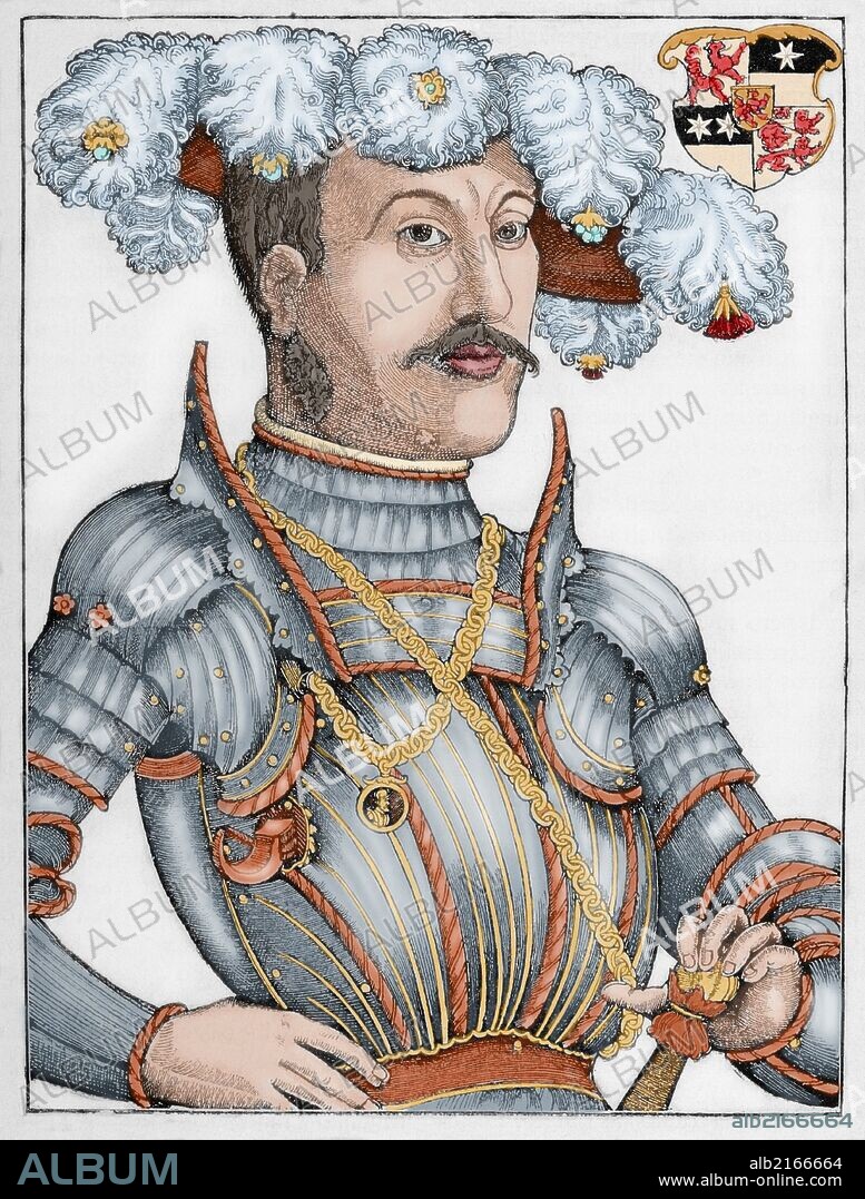 HANS BROSAMER. Felipe I de Hesse (1504-1567), Apodado "El Magnánimo". Uno de los Príncipes más destacados del Renacimiento, prestando su apoyo a la Reforma luterana. Fue nombrado Landgrave de Hesse y acabó con los anabaptistas. Se convirtió al luteranismo, hecho que propició que, junto a Juan Federico de Sajonia, creara la Liga de Esmalcalda contra Carlos V. Grabado en madera de Juan Brosamer. Coloreado. Fundó la Universidad de Marburgo.