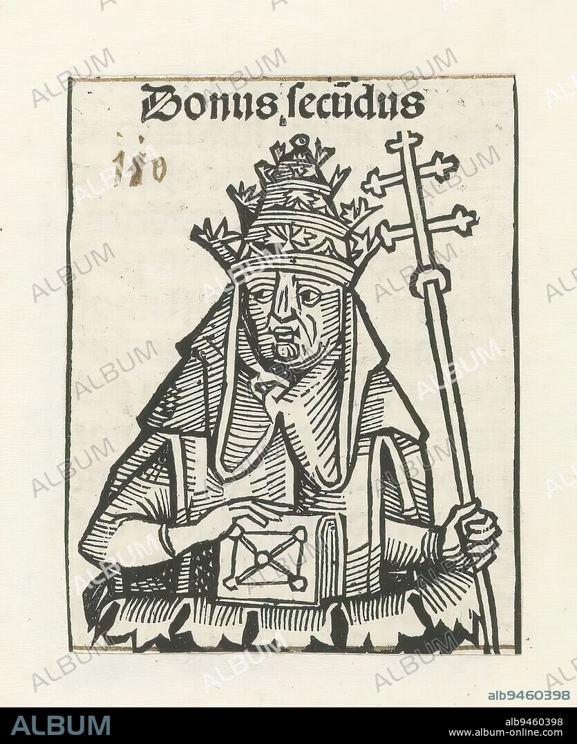 Pope Donus II, Donus secundus (title on object), Liber Chronicarum (series title), A flowered calyx with a pope. He wears a tiara and holds a Bible and a staff with a double cross. The depiction is part of the sequence of popes in the Liber Chronicarum. The text identifies the man as the nonexistent Pope Donus II. The print is part of an album., print maker: Michel Wolgemut, (workshop of), print maker: Wilhelm Pleydenwurff, (workshop of), Neurenberg, 1493, paper, letterpress printing, height 74 mm × width 58 mm.