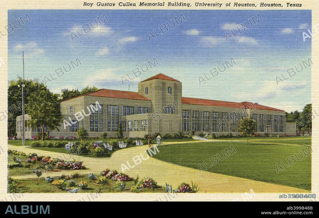 Roy Gustav Cullen Memorial Building, University of Houston, Houston, Texas, USA, 1941. Vintage postcard. Designed by Lamar Q Cato and built in 1938-1939, the Roy G Cullen Building is believed to be the first building on a campus of higher enducation in the United States to be air conditioned. It is named after the son of Hugh Roy Cullen, a wealthy businessman and donor to the university, who was killed in an oil industry accident.
