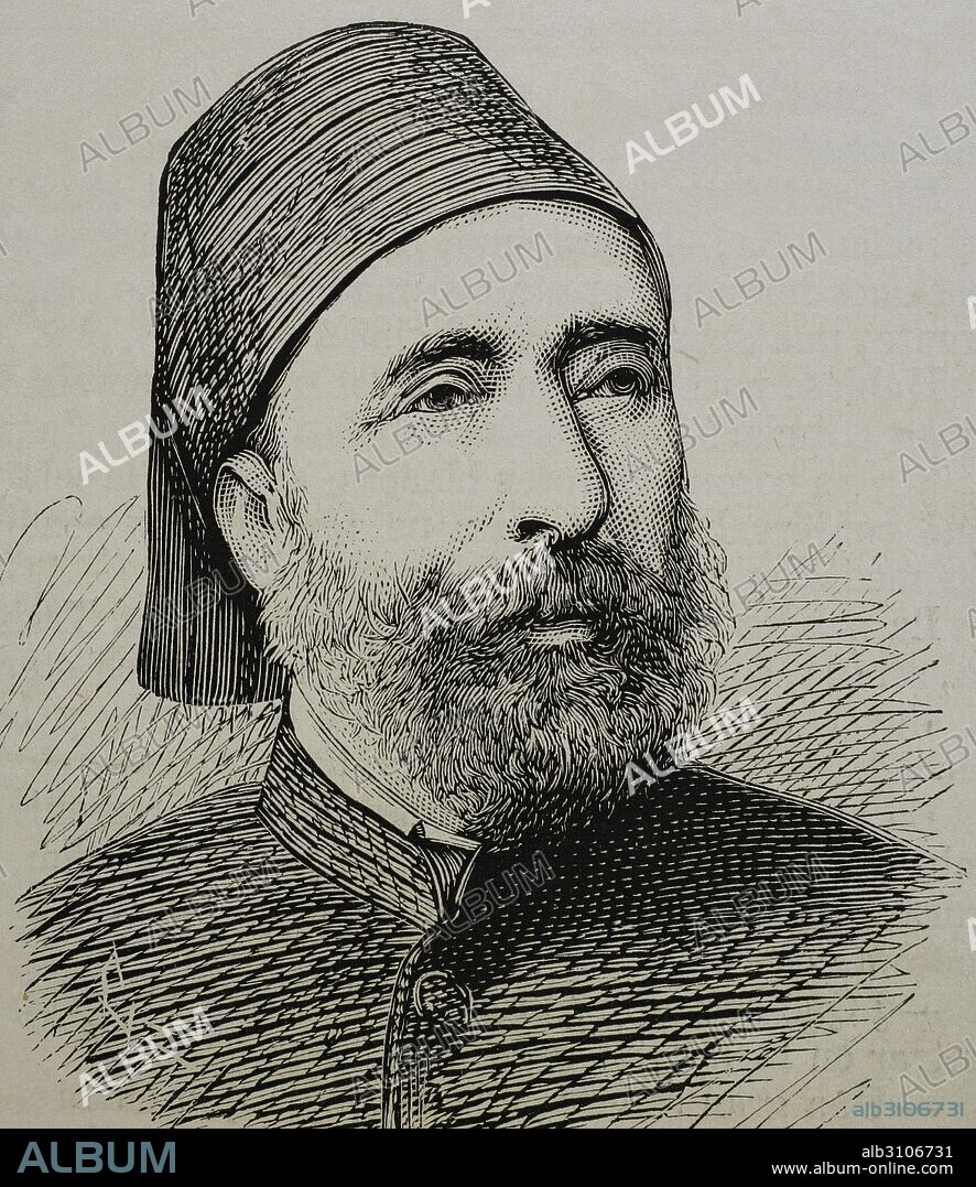 AHMED SEFIK MIDHAT PASA (1822-1884). Político otomano, gobernador provincial y dos veces gran visir. Padre de la constitución de 1876. Retrato. Grabado por Capuz. La Ilustración Española y Americana. 1876.