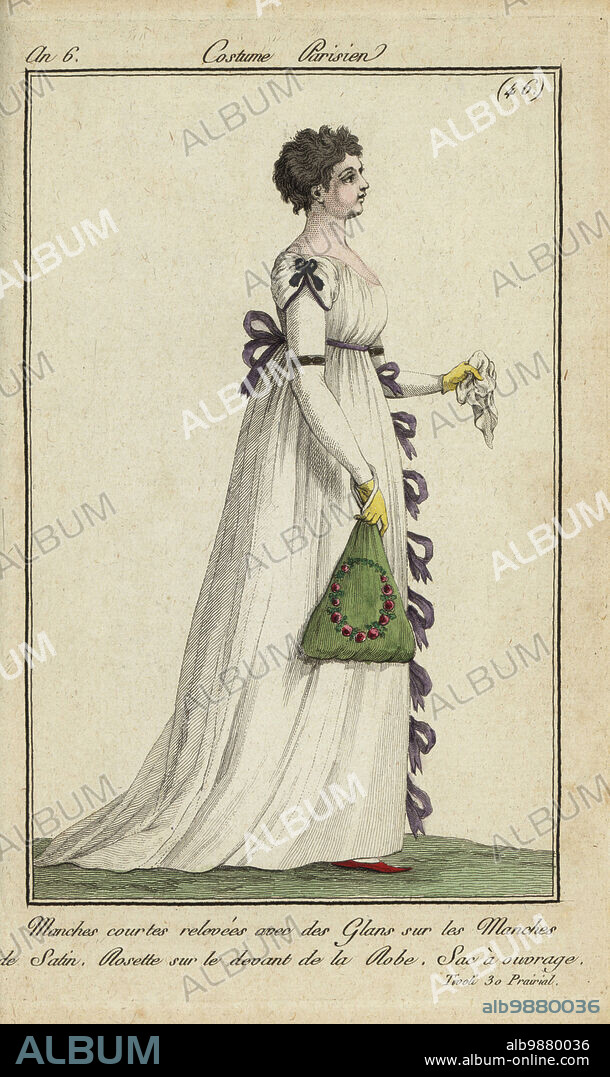 Woman with Victim haircut at Tivoli Gardens, 1798. She wears a long dress with satin bows down the front, short sleeves held up with satin tassels, She carries a needle-work drawstring bag or ridicule. 28 June 1798, Manches courtes relevée avec des glans sur les manches de satin, rosette sur le devant de la robe. Sac à ouvrage. Jardin de Tivoli. 30 Prairial An 6. Handcoloured copperplate engraving from Pierre de la Mesangeres Journal des Modes et Dames, Paris, 1798. The illustrations in volume 1 were by Carle Vernet, Claude Louis Desrais and Philibert Louis Debucourt.