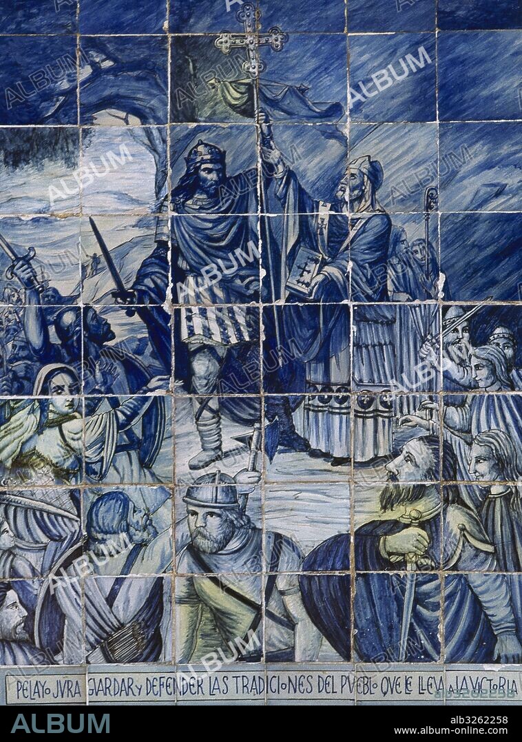 Pelagius of Asturias (685-737). Founded Kingdom of Asturias and beginning the Reconquest. Glazed tile. Pelagius swears to keep and defend the traditions of the people that lead him to victory. Spain Square. Seville, Spain.